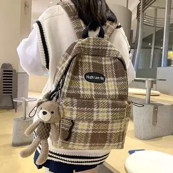 Школьный женский шерстяной клетчатый рюкзак, студенческий рюкзак синий