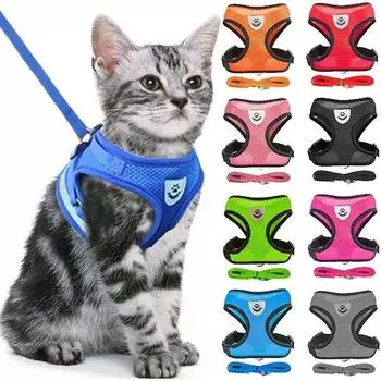 Шлейка для кошек и собак, регулируемый жилет, прогулочный поводок для щенков, ошейник для собак, шлейка из полиэфирной сетки для маленьких и средних собак, кошек, домашних животных S чёрный