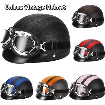 Шлем мужской электромобиль зимний ретро шлем женский легкий кожаный шлем на четыре сезона пара аккумуляторный автомобильный защитный шлем теплый полушлем коричневый