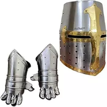 Шлем средневекового рыцаря-крестоносца | Серебряная отделка «Сахарная голова» и шлем тамплиера и дизайн M