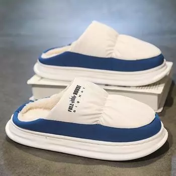 Шлепанцы для мужчин зимние домашние тапочки без застежек на платформе повседневные удобные водонепроницаемые дышащие плоские плюс бархат сохраняют тепло 40-41 синий