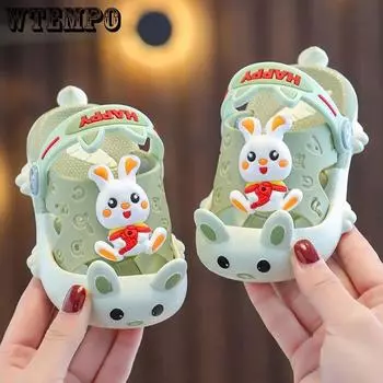 Шлепанцы из ПВХ, детские тапочки, летние домашние нескользящие тапочки для мальчиков для купания, мультяшная посылка, обувь с отверстиями для головы, сандалии с кроликом для маленьких девочек 18-19 розовый