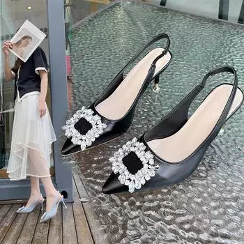 Шлепанцы на каблуке, женская обувь, женские туфли-лодочки, кожаные шлепанцы с острым носком, без шнуровки с кристаллической пряжкой, блестящие туфли на высоком каблуке, летние женские шлепанцы 34 бежевый