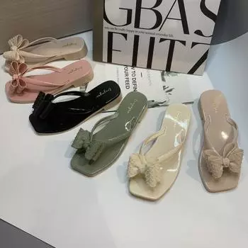 Шлепанцы с бантом, женские летние новые модные тенденции, модные пляжные тапочки с плоским дном и квадратной головкой 36 чёрный