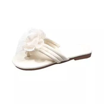 Шлепанцы с цветком между пальцев для женщин, чтобы носить летом, новый стиль с юбкой, мягкая подошва, плоская подошва, крутые шлепанцы 35 бежевый