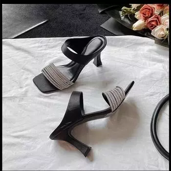 Шлепанцы с квадратным носком и стразами, женские, летние, новые, модные, с темпераментом, на высоком каблуке, полушлепанцы 35