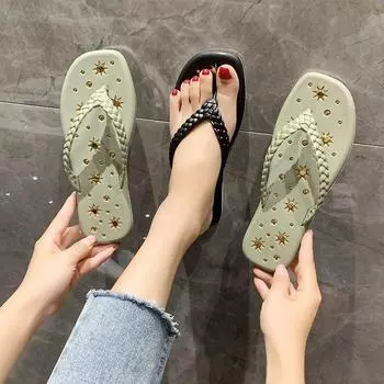 Шлепанцы с плоской подошвой, женская обувь, летние тапочки, повседневная модная пляжная обувь 36 зелёный