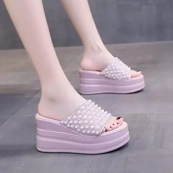 Шлепанцы, тапочки для женщин, уличные сандалии, летние удобные туфли на толстом каблуке 34