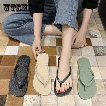 Шлепанцы, женские летние однотонные нескользящие сандалии на плоской подошве с зажимом для ванной, модные пляжные тапочки 36 бежевый