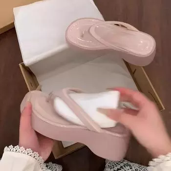 Шлепанцы женские летние толстая подошва увеличивающие рост новые интернет-знаменитость универсальные квадратный носок щипающие ногу пляжные крутые тапочки 35 розовый