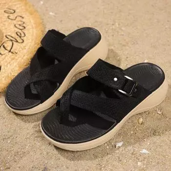 Шлепанцы женские тапочки уличные спортивные сандалии на толстой подошве летние новые повседневные тапочки с открытым носком и покатым каблуком 36 чёрный