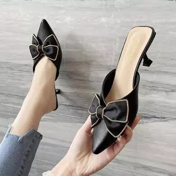 Милые туфли-мюли на высоком каблуке с бантом, женские туфли с острым носком и тонким каблуком, летние модные женские туфли из искусственной кожи 39 бежевый
