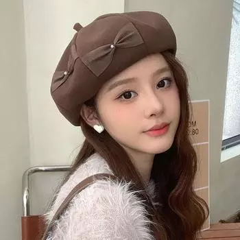 Шляпа-бант Женская берет Универсальная однотонная шляпа Bud Hat Милая японская шляпа художника Tide