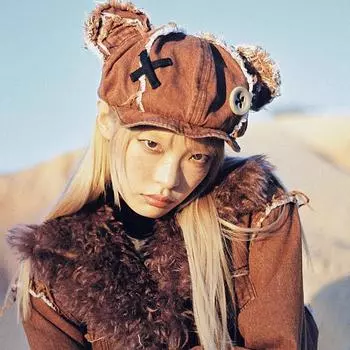 Шляпа брошенной куклы-медведя, милый джинсовый берет в стиле ретро, маленькая вышитая шляпа с отверстием для пуговиц и ушами. 56-58cm чёрный