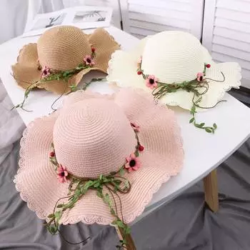 Шляпа Dayan Flower Wreath Grass, солнцезащитная шляпа и солнцезащитная шляпа для женщин, летняя пляжная крутая шляпа для путешествий, волнистая шляпа Adult M (56-58cm) молочный белый