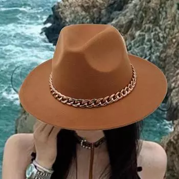 Шляпа для выступлений с толстым цепным декором, однотонная джазовая шляпа с широкими полями, ретро-реквизит для фотосъемки, фетровая кепка-панама на зиму и осень чёрный