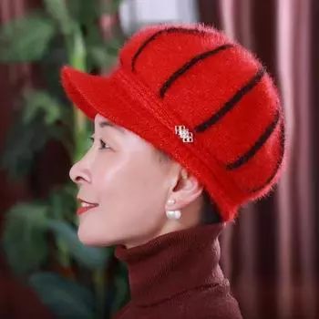 Шляпа для женщин среднего и пожилого возраста Осень Зима Материнская шляпа с полями Тонкая тканевая шляпа Старая шляпа Бабушкина Весенняя и Весенняя Шляпа для пожилой женщины Big Red + Black Stripes