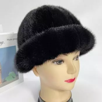 Шляпа Домо Женская из Натурального Меха Норки Роскошная Шляпа Панама Дизайнерская Пушистая Шляпа Ведро Зимняя Теплая Снежная Уличная Мамина Шапка Шляпа из Натурального Меха 55-62cm чёрный