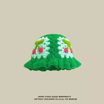 Шляпа Freesh Шикарная элегантная японская шляпа меньшинства Винтажная цветочная вязаная рыбацкая шапка ручной работы Женская осенняя и милая панама Шерстяная кепка Color- Flower Khaki