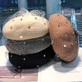 Шляпа из искусственной шерсти, женская осенняя теплая берет с бриллиантами, женская модная темпераментная сетчатая шляпа-тыква Adjustable