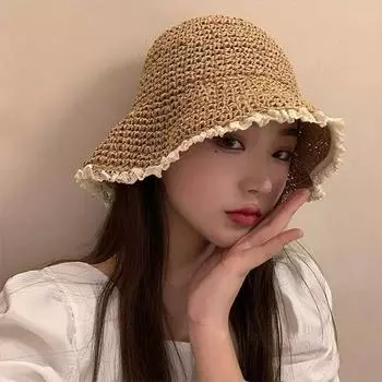 Шляпа из кружевной соломы, женская соломенная плетеная шляпа-ведро, летняя японская шляпа от солнца, новинка 2024 года, складная соломенная плетеная шляпа-ведро M (56-58cm) - small broken edge хаки