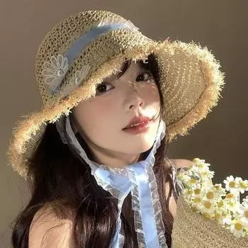 Шляпа из плетеной соломы с цветочным кружевом и лентой, женская летняя французская морская солнцезащитная шляпа с большими полями, прилив M (56-58cm) Hairy Edge Lace Flower бежевый
