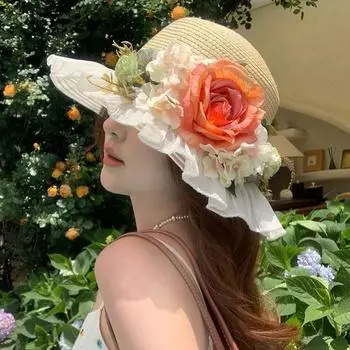 Шляпа из соломы Lafite с кружевным цветком, женская летняя французская шляпа с большими полями и плоским верхом, солнцезащитная шляпа для отдыха на море M56-58cm