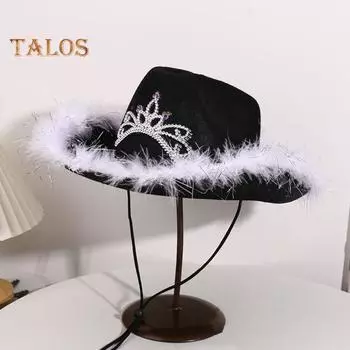 Шляпа ковбойши со стразами, корона, меховой рваный край, ветрозащитная веревка для подбородка, большие поля, защита от солнца, ретро-стиль вестерн, сценическое шоу, вечеринка M белый