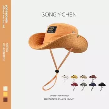 Шляпа ковбоя из мытого хлопка, модная женская шляпа-ведро с завязками, мужская шляпа с большим карнизом, шляпа от солнца для рыбалки и альпинизма M56-58cm бежевый