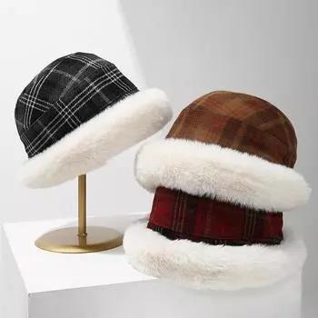 Шляпа модная винтажная клетчатая плюшевая рыболовная шляпа женская осенне-зимняя утепленная повседневная шляпа-тазик чёрный