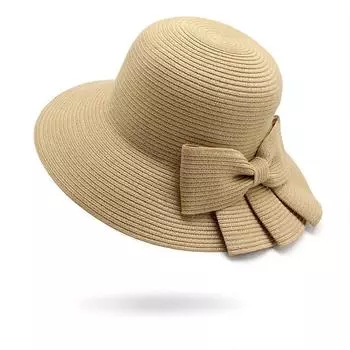Шляпа от солнца Детская летняя японская шляпа с бантом и маленькими полями, плиссированная соломенная элегантная универсальная солнцезащитная шляпа-ведро M56-58cm хаки