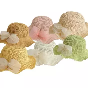 Шляпа от солнца для девочек, летняя широкополая пляжная шляпа для малышей с бантом, соломенная шляпа с козырьком 52CM