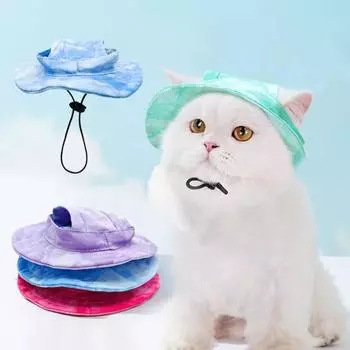 Шляпа от солнца для домашних животных Tie Dye Шляпа от солнца для собак с отверстием для ушей с круглыми полями Кепка с козырьком от солнца для домашних животных Уличная солнцезащитная шляпа для щенков и кошек