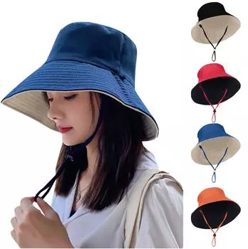 Шляпа от солнца для женщин, однотонная двухслойная большая солнцезащитная шляпа с ремешком, летняя шляпа от солнца для путешествий One Size чёрный
