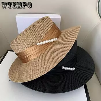 Шляпа от солнца Grass Sun Hat - с плоским верхом, защищающим от УФ-излучения, с отделкой из искусственного жемчуга, элегантная защита от солнца в пригородном стиле, универсальная и дышащая M56-58cm хаки