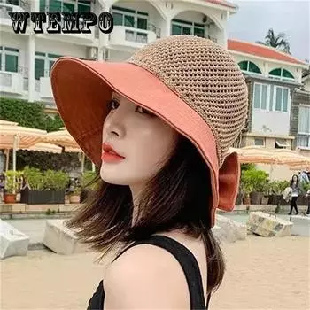 Шляпа от солнца, летняя женская шляпа с хвостиком, козырек с широкими полями, защита от ультрафиолета, пляжная шляпа с бантом, желтая женская шляпа от солнца, женские шляпы, складная горро