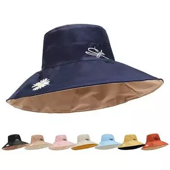 Шляпа от солнца, новая модная вышитая шляпа рыбака с большими полями, двухсторонняя шляпа из полиэстера и хлопка, маленькая шляпа от солнца с ромашками для женщин average size