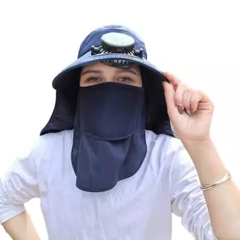 Шляпа от солнца с широкими полями и вентилятором для мужчин и женщин, уличная шляпа-ведро для рыбалки с клапаном для шеи и защитой для лица для пеших прогулок и кемпинга темно-синий