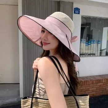 Шляпа от солнца с широкими полями, женская летняя шляпа от солнца, защита от солнца, защита от ультрафиолета, пляжная универсальная шляпа-ведро для отдыха на природе Average size (56-58cm) белый