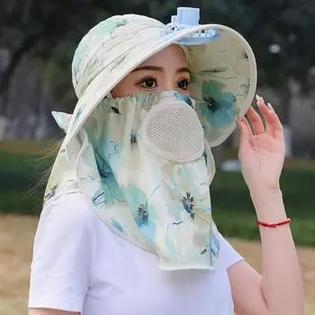 Шляпа от солнца унисекс с лицевой передней крышкой Защита лица и шеи USB-регулировка трех передач Электрический вентилятор Полая сетка Анти-УФ Складной солнцезащитный крем Дышащий зелёный