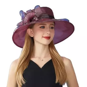 Шляпа от солнца Yousheng с широкими полями из органзы, цветочным украшением и перьями, защитой от ультрафиолета, полупрозрачным материалом, женская шляпа, головной убор вино красного