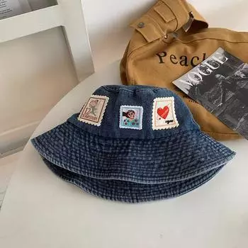 Шляпа-панама из выстиранного денима с нашивкой-штампом, женская летняя, в японском стиле, легко сочетающаяся, визуально уменьшающая лицо, маленькая шляпа-ведро, милая шляпа для большого обхвата головы Dark Blue Adjustable