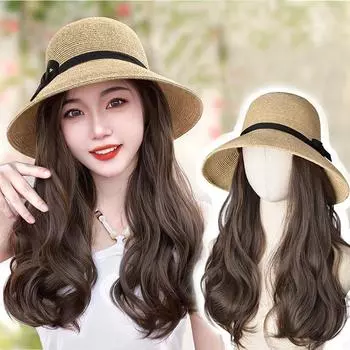 Шляпа, парик, интегрированный синтетический парик, женская летняя солнцезащитная тканая рыбацкая шляпа, длинные вьющиеся волосы, солнцезащитный парик, шляпа