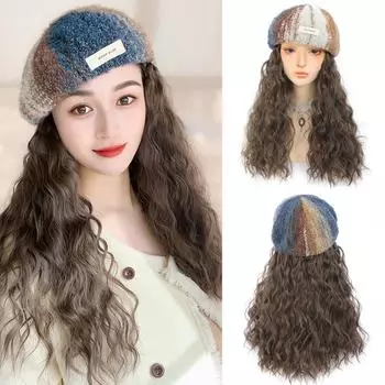 Шляпа, парик, синтетические длинные волнистые волосы, парик, шапка, осенне-зимний берет, парики, цельный парик, шапки, термостойкое волокно