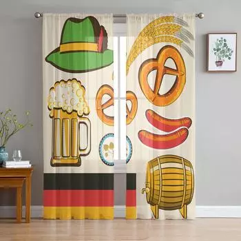 Шляпа, пивная колбаса, бочонок пшеницы, немецкий флаг, тюлевые прозрачные оконные шторы для гостиной, спальни, вуаль, занавески из органзы, шторы W135 x H115cm x1