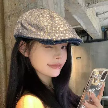 Шляпа, подходящая для круглого лица, со звездным принтом, показывающим лицо, шляпа с вытянутым вперед языком, берет, женская шляпа художника с большой окружностью головы average size (54-59cm) светло-синий