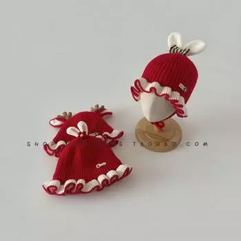 Шляпа принцессы из зарубежного кружева, красная праздничная новогодняя шапка, теплая детская шапка на шнуровке и зиме, вязаная детская шапка 45-49cm