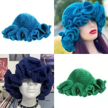 Шляпа ручной работы большого размера, вязаная крючком шапка с оборками для музыкального фестиваля, простая цветная шляпа с оборками 7