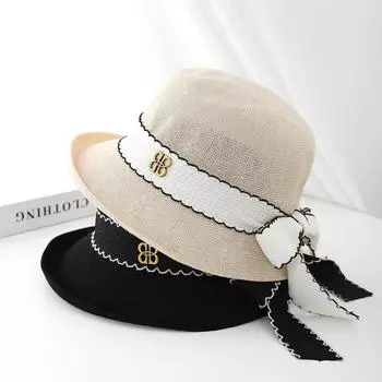 Шляпа рыбака для активного отдыха, женская шляпа для весенних и летних путешествий, солнцезащитный крем, элегантный цилиндр, модная защитная маска для лица, универсальная соломенная плетеная шляпа для бассейна Tide M56-58cm чёрный