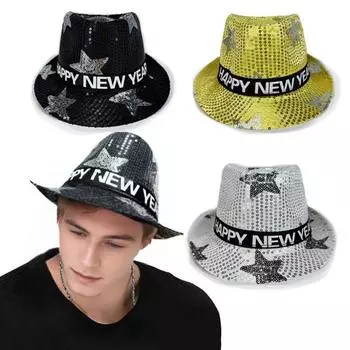 Шляпа с пайетками С Новым годом Джазовая шляпа Винтажная ковбойская вечеринка в клубном стиле Фотореквизит Блестящая фетровая шляпа для взрослых Головной убор для косплея Праздники Карнавал